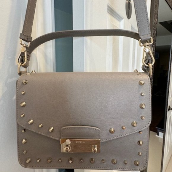 Grey Furla bag with short and long stripe and studs. - Picture 1 of 5
